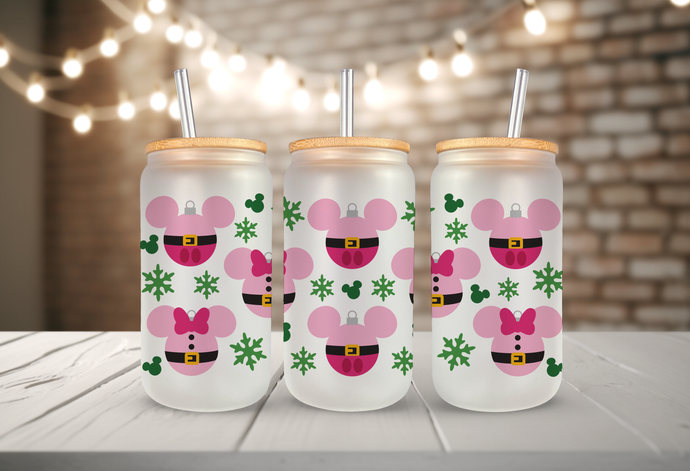 Pink Santa Mouse 16 oz Glass Can